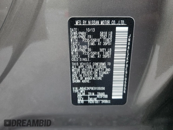 2014 Nissan Quest S with VIN JN8AE2KP9E9105056, listed as a Copart auction lot 56594235 with 117,103 mi miles and Clean title. Bid and sale history available at DreamBid. Image 13.