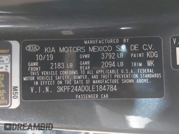 2020 Kia Forte LXS with VIN 3KPF24AD0LE184784, listed as a IAAI auction lot 41341533 with 36,953 mi miles. Bid and sale history available at carsss.com. Image 9.