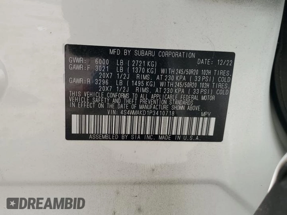 2023 Subaru Ascent Onyx Limited with VIN 4S4WMAKD1P3410718, listed as a Copart auction lot 54523675 with Not provided miles and Salvage title. Bid and sale history available at DreamBid. Image 12.