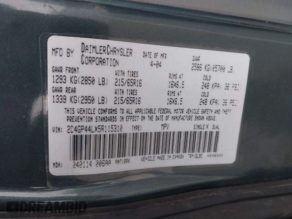 2005 Dodge Caravan SXT with VIN 2D4GP44LX5R115310, listed as a IAAI auction lot 41668454 with 115,784 mi miles and . Bid and sale history available at DreamBid. Image 9.