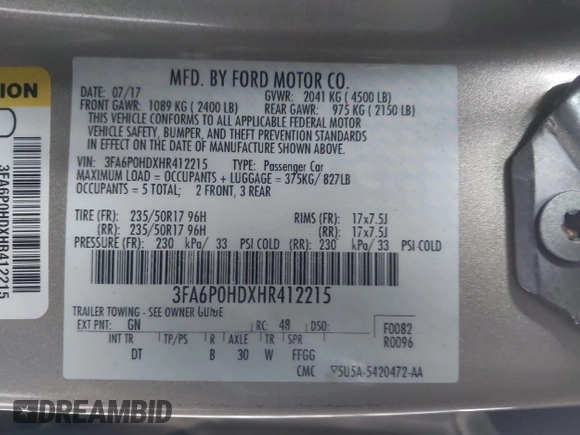 2017 Ford Fusion SE with VIN 3FA6P0HDXHR412215, listed as a IAAI auction lot 41520106 with 100,001 mi miles. Bid and sale history available at carsss.com. Image 9.