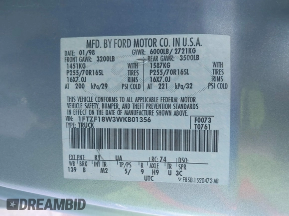 1998 Ford F-150 с VIN 1FTZF18W3WKB01356, выставлен на аукционе IAAI как лот 41718893 с пробегом 261 717 миль миль и . История ставок и продаж доступна на DreamBid. Изображение 9.