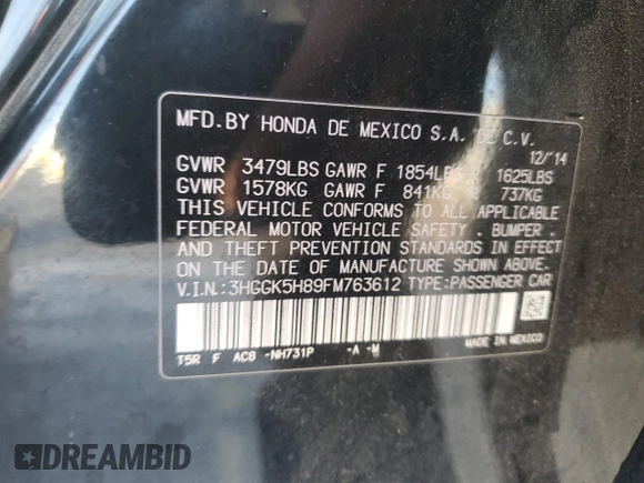 2015 Honda Fit EX-L with VIN 3HGGK5H89FM763612, listed as a Copart auction lot 48944715 with 116,967 mi miles and Salvage Title. Bid and sale history available at carsss.com. Image 14.