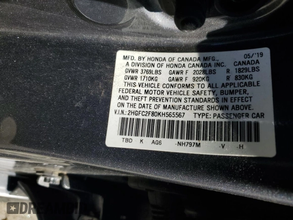 2019 Honda Civic Sport with VIN 2HGFC2F80KH565567, listed as a Copart auction lot 52384625 with 89,947 mi miles and Salvage title. Bid and sale history available at DreamBid. Image 12.