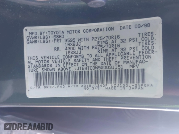 1999 Lexus LX 470 z VIN JT6HT00W9X0031151, wystawiony jako IAAI lot #41436144 z przebiegiem Nie podano mil oraz . Historia ofert i sprzedaży dostępna na DreamBid. Obrazek 9.