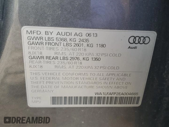 2014 Audi Q5 Premium Plus with VIN WA1LFAFP2EA004665, listed as a Copart auction lot 52170725 with 173,963 mi miles and Clean Title. Bid and sale history available at carsss.com. Image 13.
