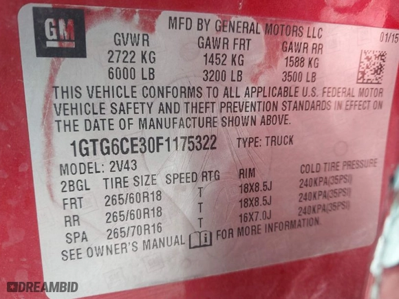 2015 GMC Canyon 4WD SLT with VIN 1GTG6CE30F1175322, listed as a IAAI auction lot 41273719 with 1 mi miles. Bid and sale history available at carsss.com. Image 9.