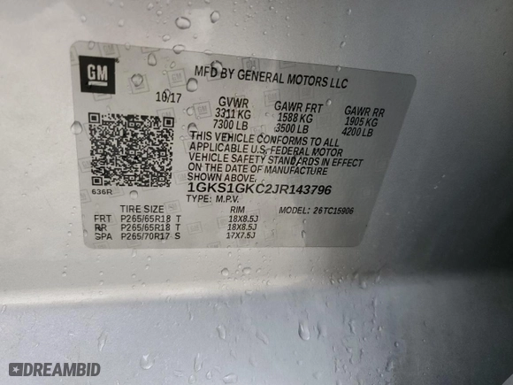 2018 GMC Yukon XL SLT with VIN 1GKS1GKC2JR143796, listed as a Copart auction lot 88281555 with NaN miles and Clean Title. Bid and sale history available at carsss.com. Image 13.