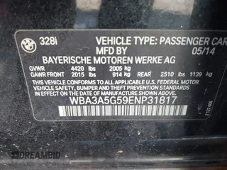 2014 BMW 3 Series 328i with VIN WBA3A5G59ENP31817, listed as a IAAI auction lot 41845296 with 190,437 mi miles. Bid and sale history available at carsss.com. Image 9.