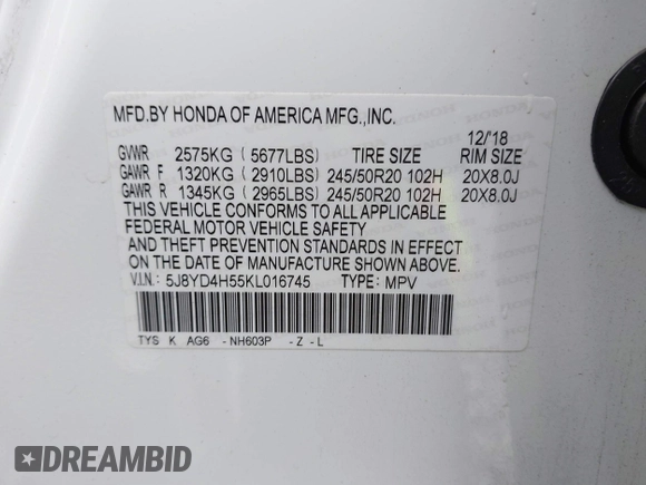 2019 Acura MDX w/Technology Pkg with VIN 5J8YD4H55KL016745, listed as a IAAI auction lot 41835318 with 61,011 mi miles. Bid and sale history available at carsss.com. Image 9.