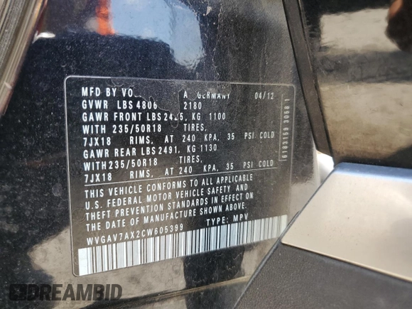 2012 Volkswagen Tiguan SEL with VIN WVGAV7AX2CW605399, listed as a Copart auction lot 55201935 with 128,527 mi miles and Clean Title. Bid and sale history available at DreamBid. Image 13.