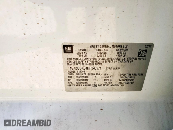 2017 Chevrolet Tahoe LT with VIN 1GNSCBKC4HR243571, listed as a Copart auction lot 56907965 with 126,483 mi miles and Clean title. Bid and sale history available at DreamBid. Image 13.