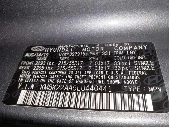 2020 Hyundai Kona SEL with VIN KM8K22AA5LU440441, listed as a IAAI auction lot 41664745 with 99,986 mi miles. Bid and sale history available at carsss.com. Image 9.