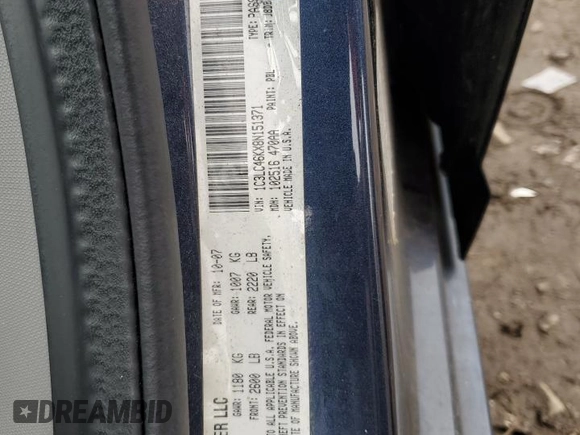 2008 Chrysler Sebring LX with VIN 1C3LC46KX8N151371, listed as a Copart auction lot 60268385 with 158,482 mi miles and Salvage title. Bid and sale history available at DreamBid. Image 12.
