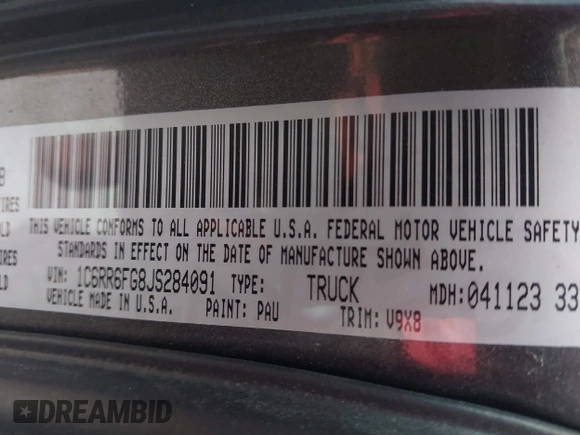 2018 Ram 1500 Tradesman z VIN 1C6RR6FG8JS284091, wystawiony jako IAAI lot #41439973 z przebiegiem 62 429 mil mil oraz . Historia ofert i sprzedaży dostępna na DreamBid. Obrazek 9.