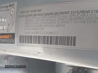 2002 Audi A4 1.8T с VIN WAUJC68E42A308622, выставлен на аукционе IAAI как лот 42543145 с пробегом 189 888 миль миль и . История ставок и продаж доступна на DreamBid. Изображение 9.