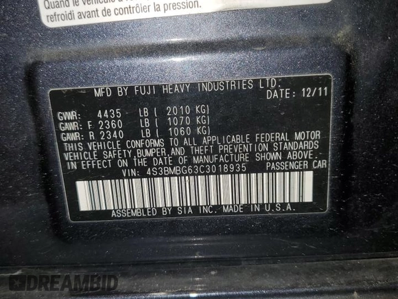 2012 Subaru Legacy Premium with VIN 4S3BMBG63C3018935, listed as a Copart auction lot 63810325 with 213,591 mi miles and Salvage title. Bid and sale history available at DreamBid. Image 12.
