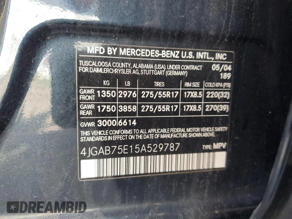 2005 Mercedes-Benz M 500 with VIN 4JGAB75E15A529787, listed as a Copart auction lot 55465125 with 167,093 mi miles and Clean Title. Bid and sale history available at DreamBid. Image 13.