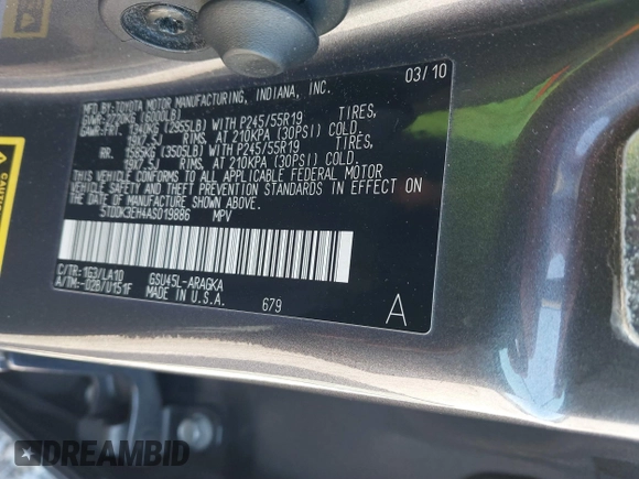 2010 Toyota Highlander Limited with VIN 5TDDK3EH4AS019886, listed as a IAAI auction lot 41846122 with 223,381 mi miles and . Bid and sale history available at DreamBid. Image 9.