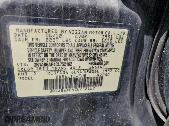 2012 Nissan Sentra S with VIN 3N1AB6AP4CL752162, listed as a Copart auction lot 52147985 with 108,715 mi miles and Salvage Title. Bid and sale history available at DreamBid. Image 12.