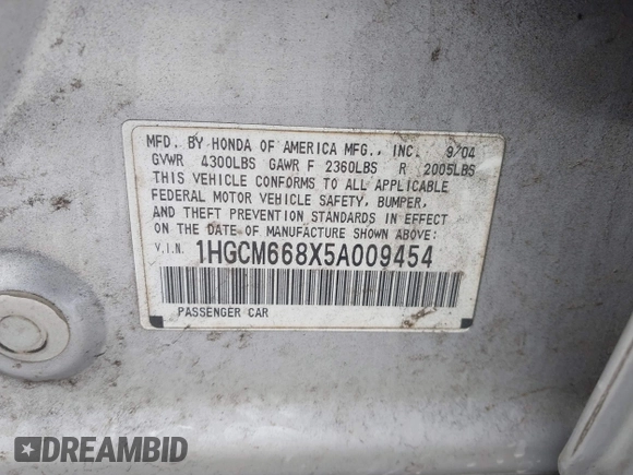 2005 Honda Accord EX-L z VIN 1HGCM668X5A009454, wystawiony jako IAAI lot #41082566 z przebiegiem 206 652 mil mil oraz . Historia ofert i sprzedaży dostępna na DreamBid. Obrazek 9.