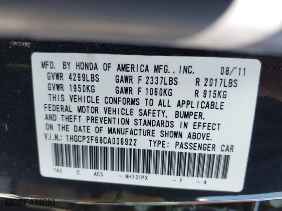 2012 Honda Accord Sdn SE with VIN 1HGCP2F68CA006922, listed as a IAAI auction lot 41891449 with 103,388 mi miles. Bid and sale history available at carsss.com. Image 9.