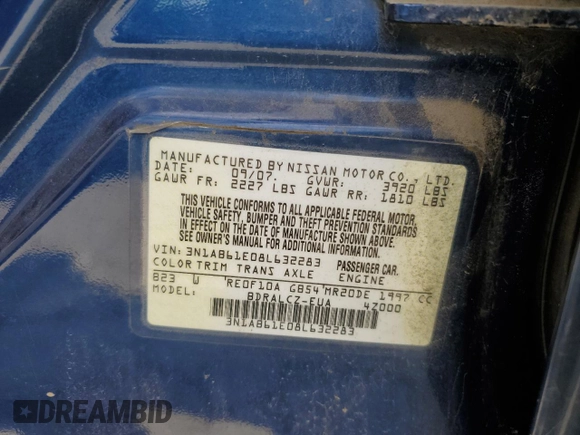 2008 Nissan Sentra 2.0 z VIN 3N1AB61E08L632283, wystawiony jako Copart lot #52636135 z przebiegiem 250 831 mil mil oraz Szkoda całkowita • Salvage title. Historia ofert i sprzedaży dostępna na DreamBid. Obrazek 12.