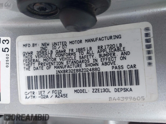 2008 Toyota Corolla CE with VIN 1NXBR32E88Z024880, listed as a IAAI auction lot 42035663 with 179,104 mi miles and . Bid and sale history available at DreamBid. Image 9.