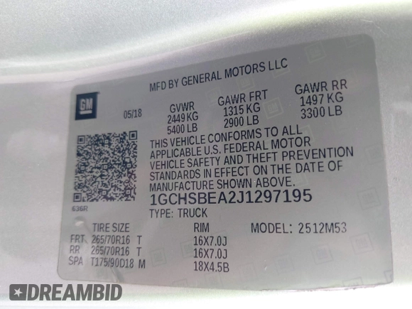 2018 Chevrolet Colorado 2WD Work Truck with VIN 1GCHSBEA2J1297195, listed as a IAAI auction lot 42384977 with 127,015 mi miles and . Bid and sale history available at DreamBid. Image 9.