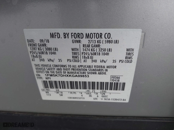 2019 Ford Explorer XLT with VIN 1FM5K7DHXKGA09853, listed as a IAAI auction lot 41597540 with 109,726 mi miles. Bid and sale history available at carsss.com. Image 9.