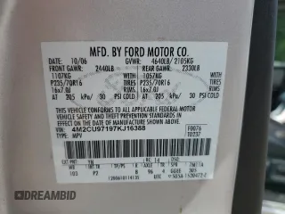 2007 Mercury Mariner Premier с VIN 4M2CU97197KJ16388, выставлен на аукционе Copart как лот 65154015 с пробегом 115 720 миль миль и Чистый • Clean title. История ставок и продаж доступна на DreamBid. Изображение 13.