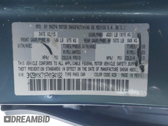 2015 Mazda 3 i Sport with VIN 3MZBM1K71FM194182, listed as a IAAI auction lot 41551711 with 134,760 mi miles and . Bid and sale history available at DreamBid. Image 9.