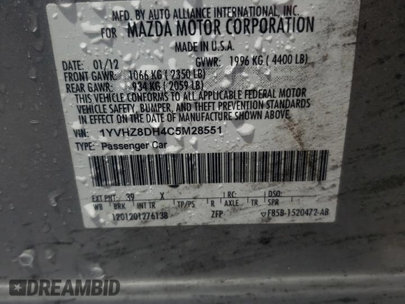 2012 Mazda 6 i Touring with VIN 1YVHZ8DH4C5M28551, listed as a Copart auction lot 57887845 with 204,216 mi miles and Salvage title. Bid and sale history available at DreamBid. Image 13.
