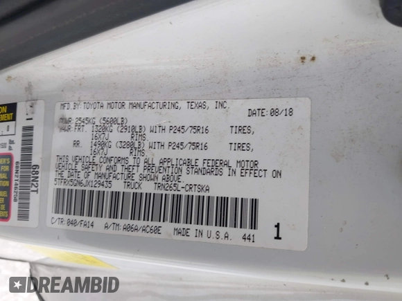 2018 Toyota Tacoma SR with VIN 5TFRX5GN6JX129435, listed as a IAAI auction lot 42205055 with 105,985 mi miles and . Bid and sale history available at DreamBid. Image 9.