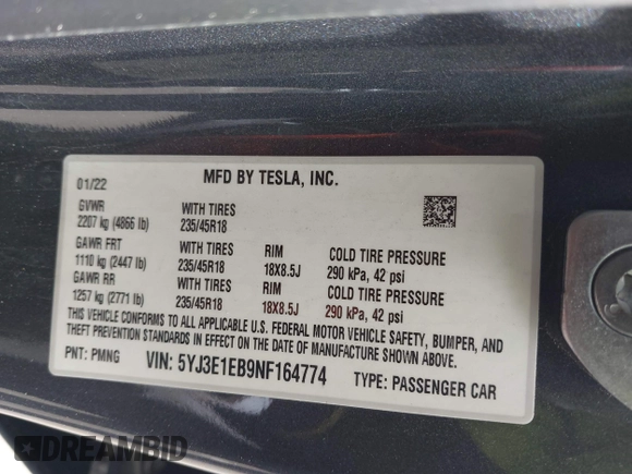 2022 Tesla Model 3 Long Range with VIN 5YJ3E1EB9NF164774, listed as a IAAI auction lot 41915755 with 39,625 mi miles and . Bid and sale history available at DreamBid. Image 9.