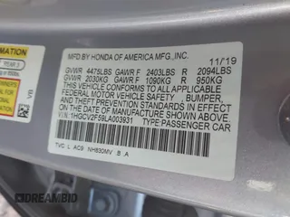 2020 Honda Accord EX-L with VIN 1HGCV2F59LA003931, listed as a IAAI auction lot 41289578 with 38,624 mi miles and . Bid and sale history available at DreamBid. Image 9.