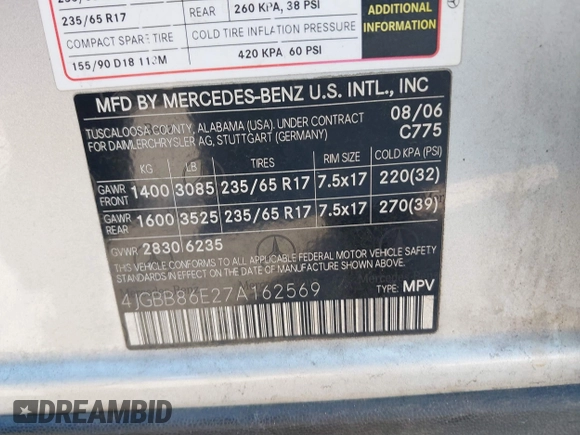 2007 Mercedes-Benz M 350 with VIN 4JGBB86E27A162569, listed as a IAAI auction lot 41684904 with 194,467 mi miles and . Bid and sale history available at DreamBid. Image 9.