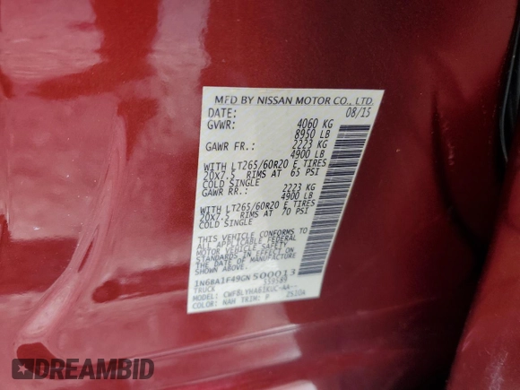 2016 Nissan Titan Pro-4X z VIN 1N6BA1F49GN500013, wystawiony jako Copart lot #67043695 z przebiegiem 93 034 mil mil oraz Nie do naprawy • Non repairable. Historia ofert i sprzedaży dostępna na DreamBid. Obrazek 12.