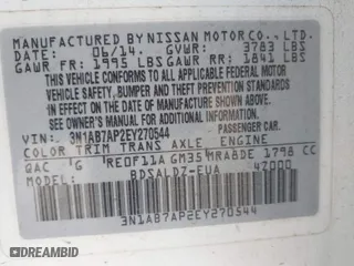 2014 Nissan Sentra SR with VIN 3N1AB7AP2EY270544, listed as a IAAI auction lot 41952047 with 170,172 mi miles. Bid and sale history available at carsss.com. Image 9.