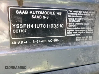 2008 Saab 9-3 Aero z VIN YS3FH41U781103510, wystawiony jako Copart lot #49600845 z przebiegiem 138 159 mil mil oraz Szkoda całkowita • Salvage title. Historia ofert i sprzedaży dostępna na DreamBid. Obrazek 12.