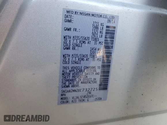 2014 Nissan Pathfinder SL with VIN 5N1AR2MN2EC732725, listed as a Copart auction lot 79501104 with 90,691 mi miles and Clean Title. Bid and sale history available at DreamBid. Image 14.
