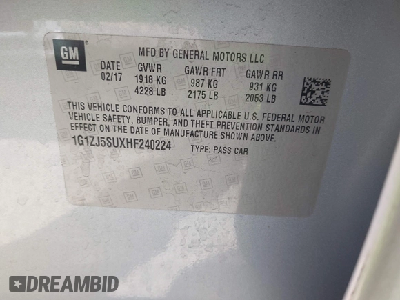 2017 Chevrolet Malibu Hybrid with VIN 1G1ZJ5SUXHF240224, listed as a IAAI auction lot 41907046 with 69,073 mi miles and . Bid and sale history available at DreamBid. Image 9.