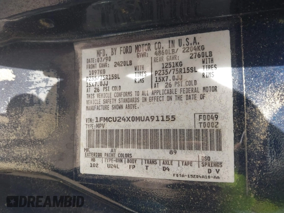 1991 Ford Explorer z VIN 1FMCU24X0MUA91155, wystawiony jako IAAI lot #42314856 z przebiegiem 75 836 mil mil oraz . Historia ofert i sprzedaży dostępna na DreamBid. Obrazek 9.