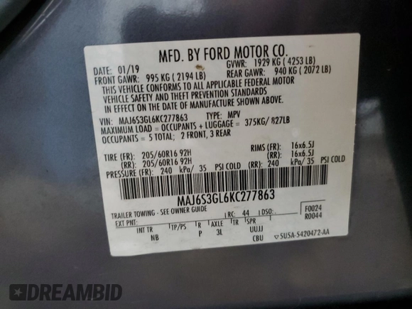 2019 Ford EcoSport SE with VIN MAJ6S3GL6KC277863, listed as a Copart auction lot 54396745 with 67,876 mi miles and Salvage Title. Bid and sale history available at carsss.com. Image 14.