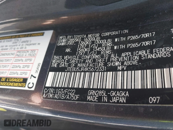 2019 Toyota 4Runner SR5 с VIN JTEBU5JR4K5672331, выставлен на аукционе IAAI как лот 41406698 с пробегом 81 623 миль миль и . История ставок и продаж доступна на DreamBid. Изображение 9.