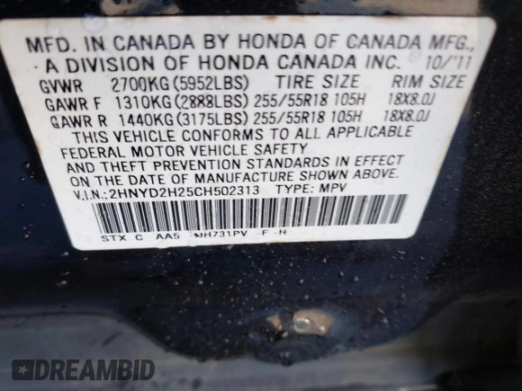 2012 Acura MDX with VIN 2HNYD2H25CH502313, listed as a IAAI auction lot 42542097 with 152,657 mi miles and . Bid and sale history available at DreamBid. Image 9.