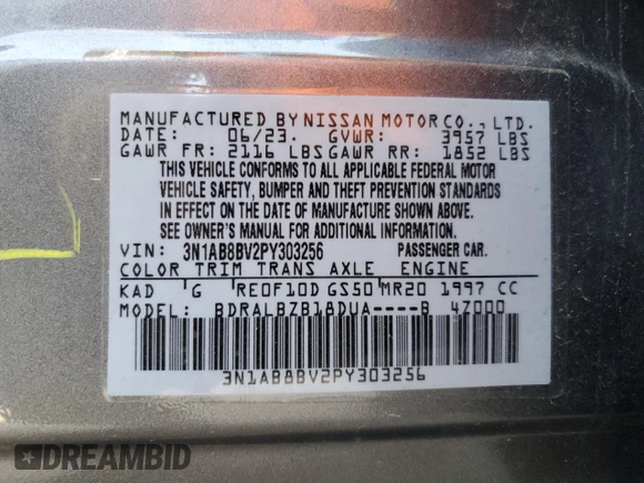 2023 Nissan Sentra S with VIN 3N1AB8BV2PY303256, listed as a Copart auction lot 50832105 with 16,263 mi miles and Salvage Title. Bid and sale history available at DreamBid. Image 15.