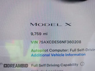 2022 Tesla Model X with VIN 7SAXCDE56NF360208, listed as a IAAI auction lot 41576953 with 9,759 mi miles. Bid and sale history available at carsss.com. Image 16.