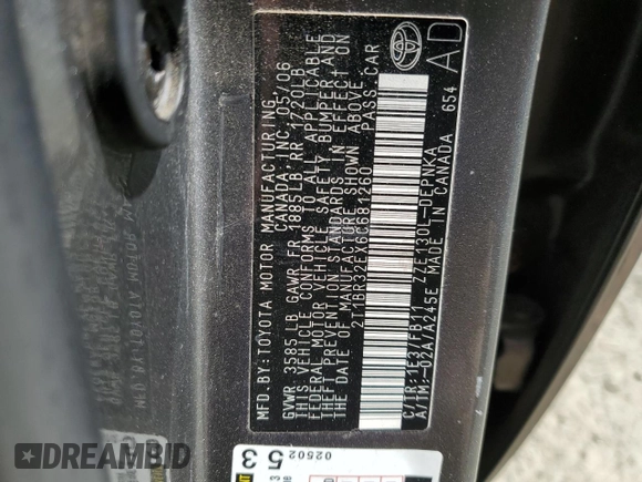 2006 Toyota Corolla CE with VIN 2T1BR32EX6C681260, listed as a Copart auction lot 55210885 with Not Provided miles and Clean Title. Bid and sale history available at DreamBid. Image 12.