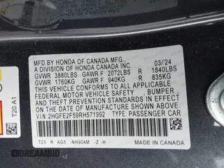 2024 Honda Civic Sedan Sport with VIN 2HGFE2F59RH571992, listed as a IAAI auction lot 41626641 with 11,069 mi miles. Bid and sale history available at carsss.com. Image 9.